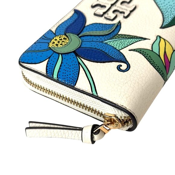 Tory Burch Thea Applique Continental Leather Wallet White Floral Zip Purse NEW - Picture 6 of 9